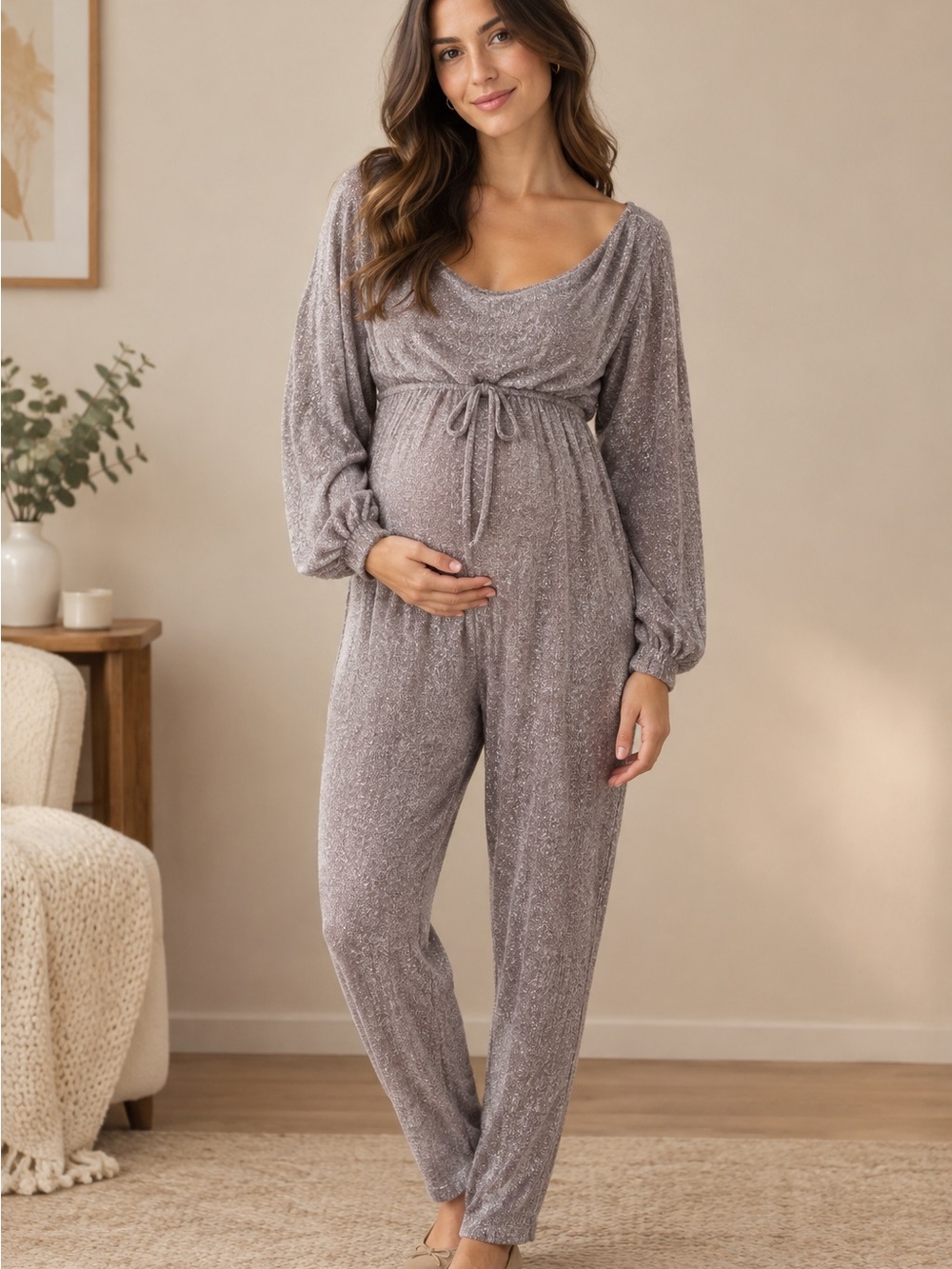 SHEIN Sparkle Grey Maternity Jumpsuit with Tie Waist